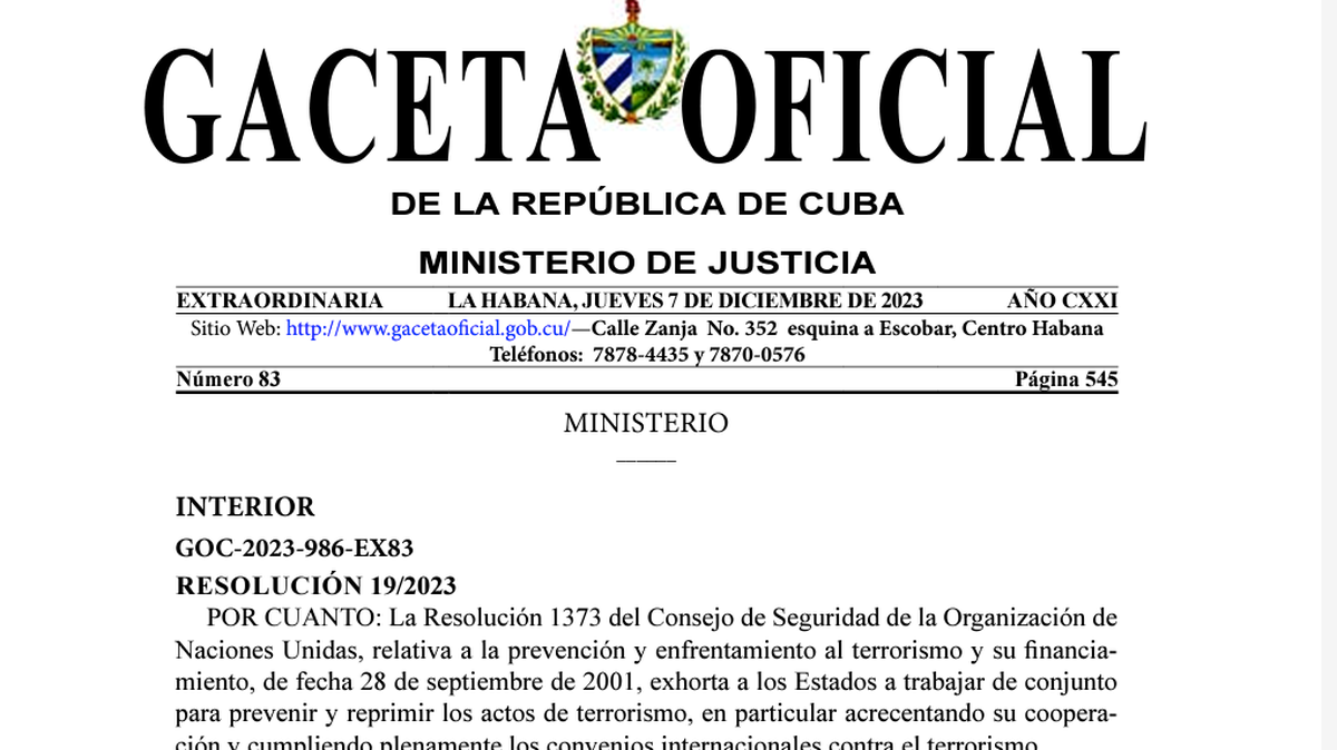 Una resolución del Ministerio del Interior en el Diario Oficial de Cuba creó una lista de “terroristas” buscados.