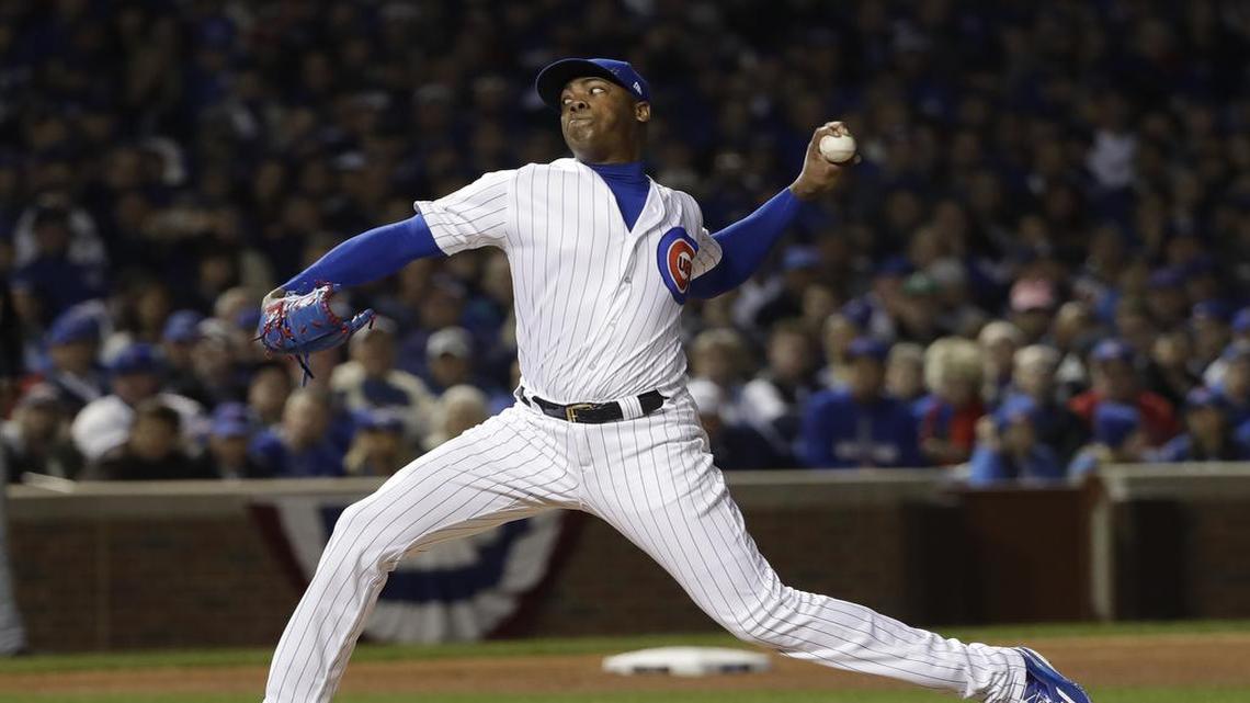 Aroldis Chapman ha lanzado en dos y un tercio de entradas en la Serie Mundial y tiene efectividad de 0,00 con un boleto y cuatro ponches.