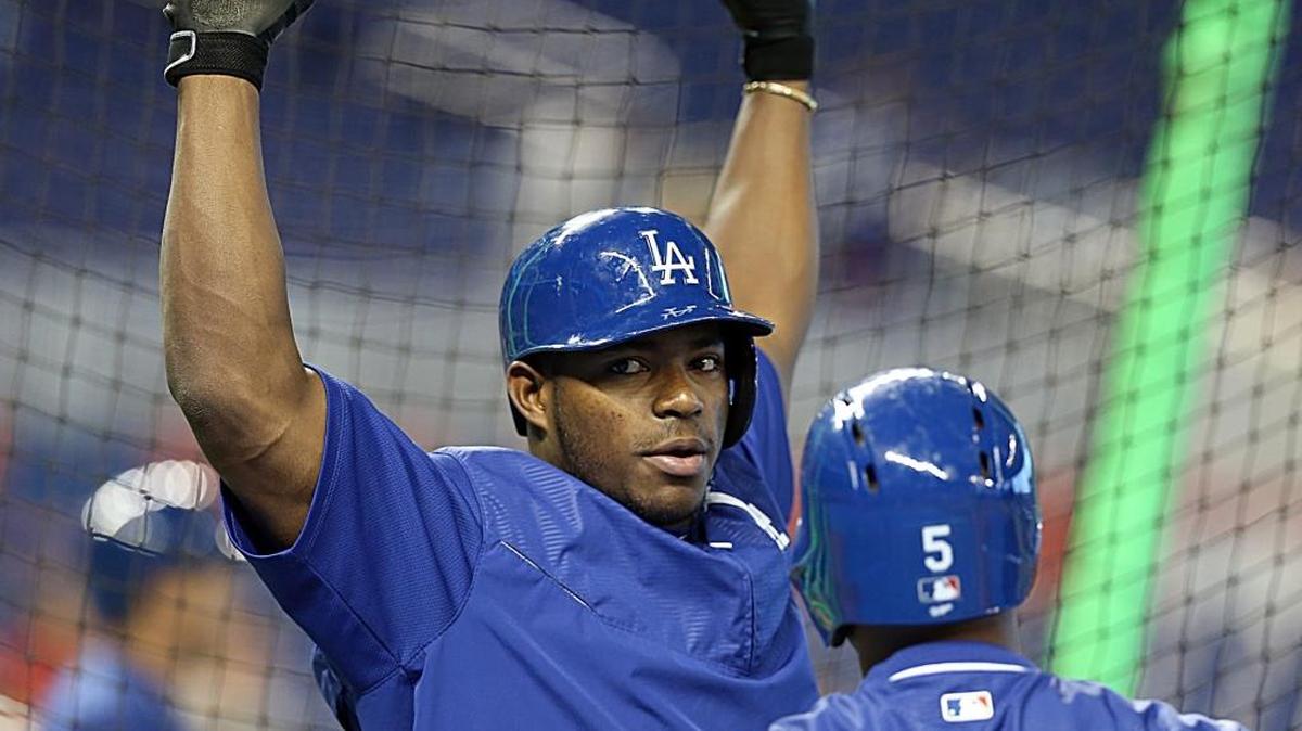 YASIEL PUIG durante un entrenamiento de bateo el 27 de junio del 2015.