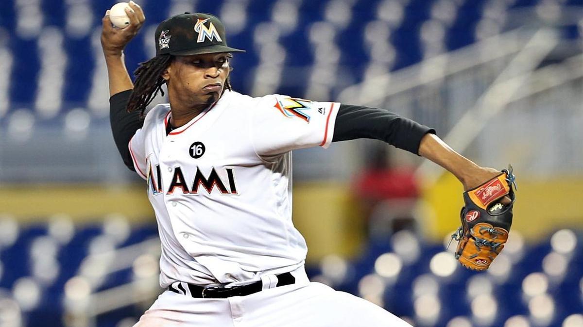 El dominicano José Ureña lanza en el primer episodio ante los Mets, el 20 de septiembre del 2017 en Miami