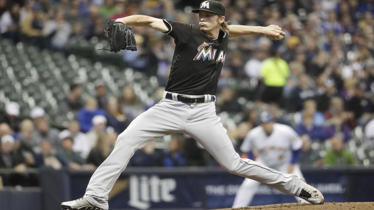 Adam Conley, de los Marlins, en el juego en el que lanzó siete entradas y dos tercios sin permitir carreras ni hits.