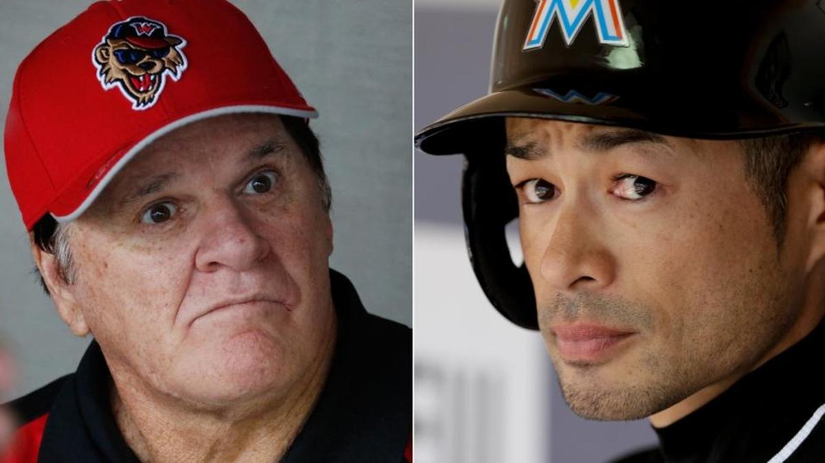 Pete Rose (izq.) e Ichiro Suzuki, quien disparó un doble para su hit 4,257 el miércoles 15 de junio del 2016, en San Diego. Suzuki superó el récord de Pete Rose en las Grandes Ligas.