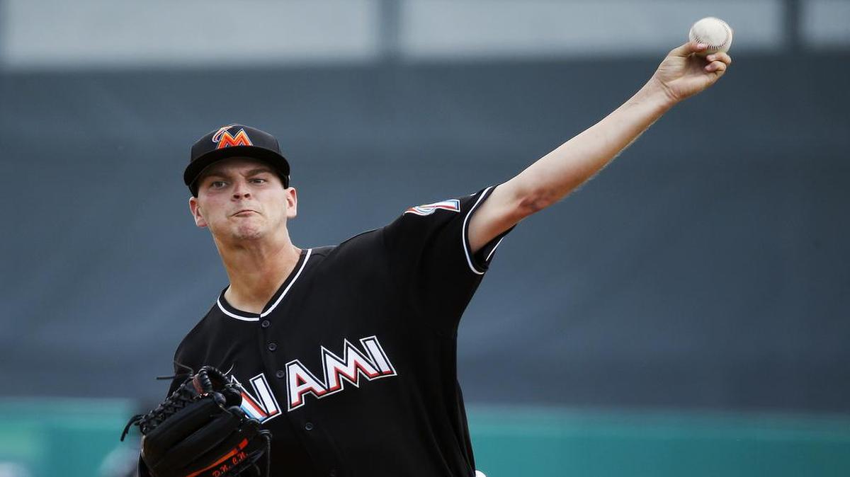 El abridor de los Marlins Justin Nicolino permitió tres hits a la tanda de los Mets en cuatro entradas, en un partido de pretemporada celebrado el 15 de marzo del 2016 en Jupiter, Florida.