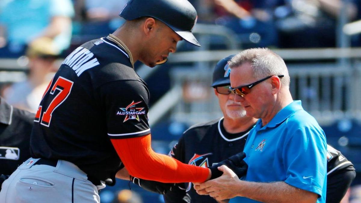 Giancarlo Stanton (izq.), de los Marlins, es examinado luego de ser golpeado en la muñeca derecha por el abridor de los Piratas Trevor Williams en el primer del juego en Pittsburgh, la tarde del sábado 10 de junio del 2017. Stanton dejó el partido luego de ser revisado.
