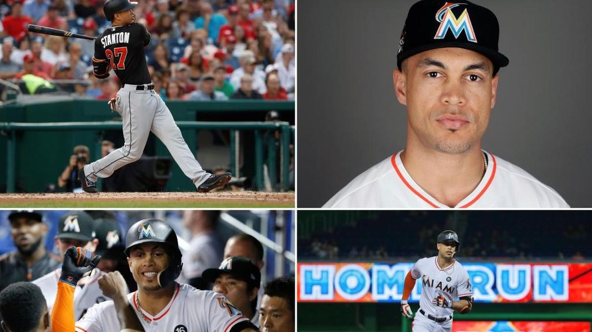 Composición con fotos de Giancarlo Stanton en la temporada del 2017 con los Marlins de Miami.