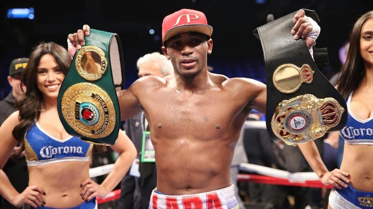 ERISLANDY LARA celebra el triunfo sobre Terrell Gausha el pasado 14 de octubre del 2017.