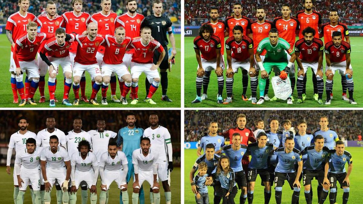Combo de imágenes de los onces titulares de las selecciones del grupo A (Rusia, Egipto, Arabia Saudí y Uruguay) tras el sorteo del Mundial de Rusia 2018 celebrado en el Palacio del Kremlin de Moscú, Rusia, el 1 de diciembre del 2017.