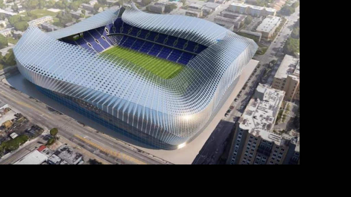 Maqueta del estadio del equipo de Miami de la MLS se construiría en una parcela en Overtown, que el condado Miami-Dade espera poder vender a precio de mercado al grupo de Beckham.