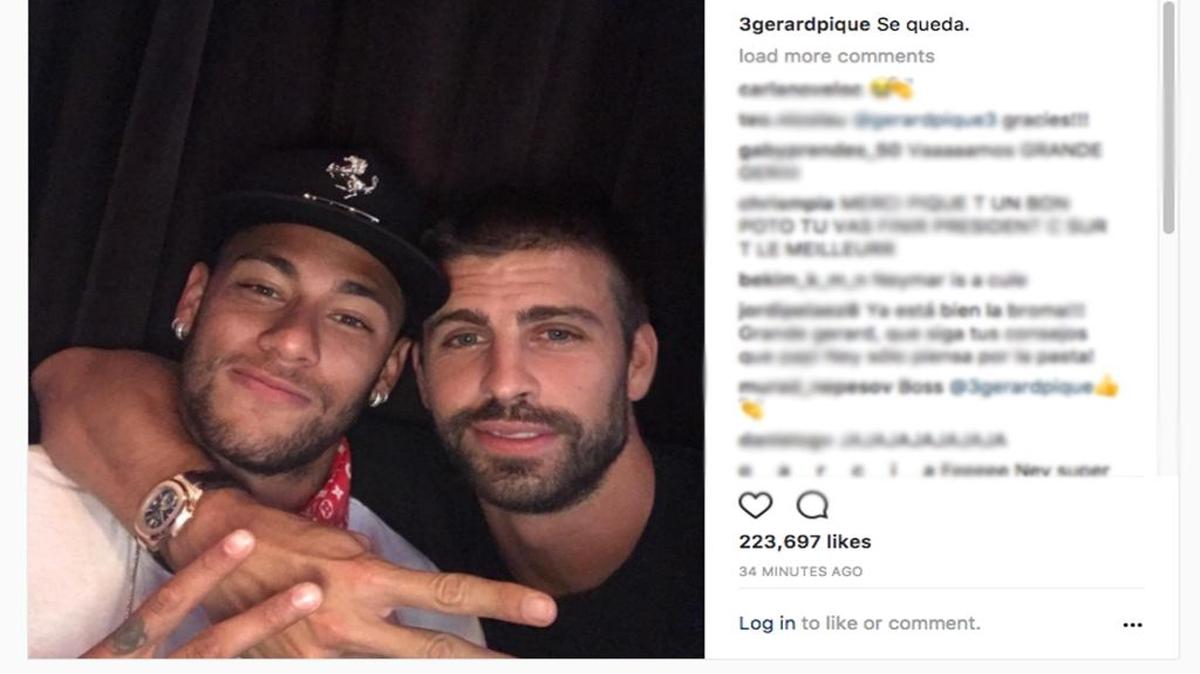 Esta es la foto que Gerard Piqué, abrazado con Neymar, puso en su cuenta de Instagram el domingo con apenas dos palabras: ‘Se queda’.