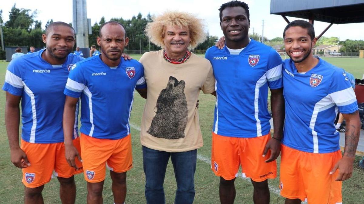 Wilson Palacios, Ariel Martínez, Carlos “El Pibe” Valderrama, Kwadwo Poku y Joe Franco (de izq. a der.) en la práctica del club azulnaranja, el jueves 13 de octubre del 2016, en Miami.