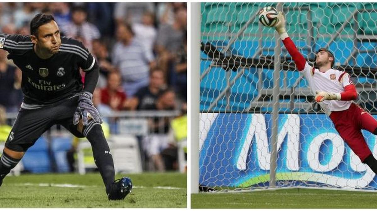 
El guardameta internacional español David de Gea (der.) y el meta costarricense Keylor Navas (i), en fotografías de archivo.

