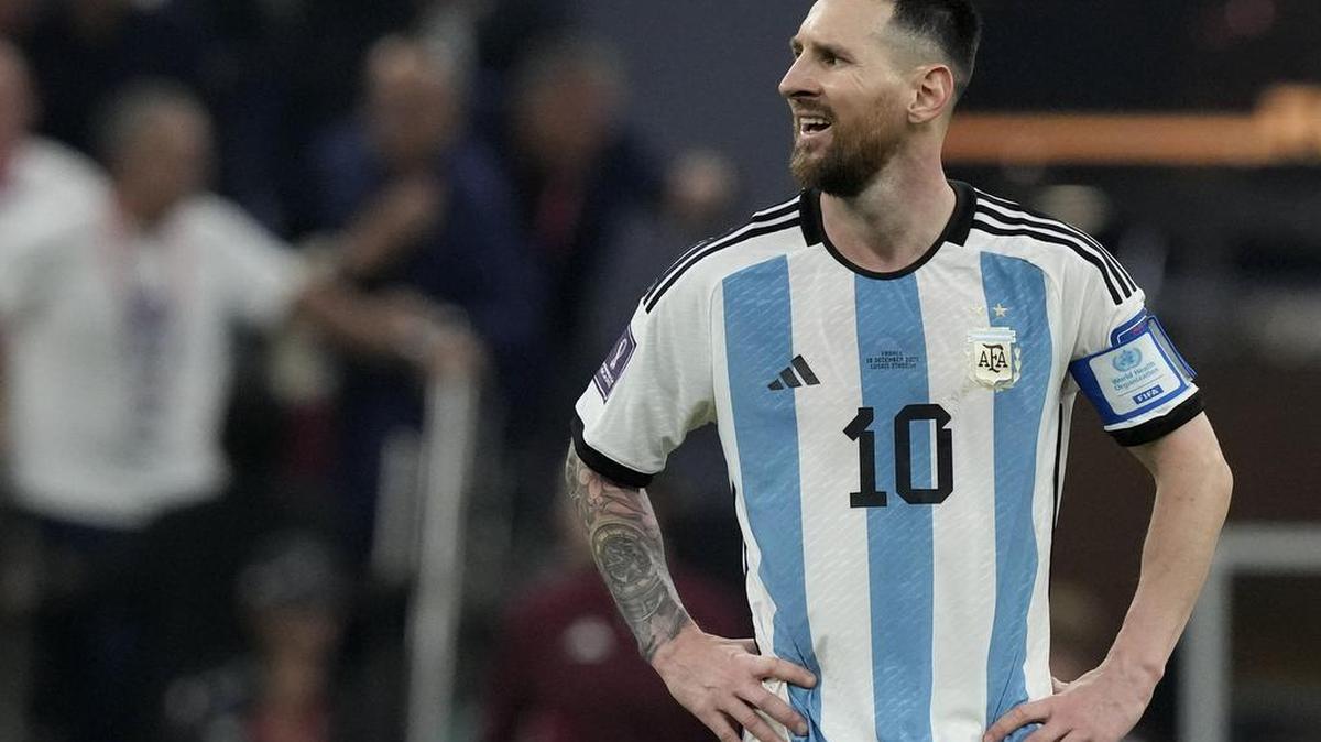 Argentina’s Lionel Messi reacts during the World Cup final soccer match between Argentina and France at the Lusail Stadium in Lusail, Qatar, Sunday, Dec. 18, 2022. (AP Photo/Frank Augstein)