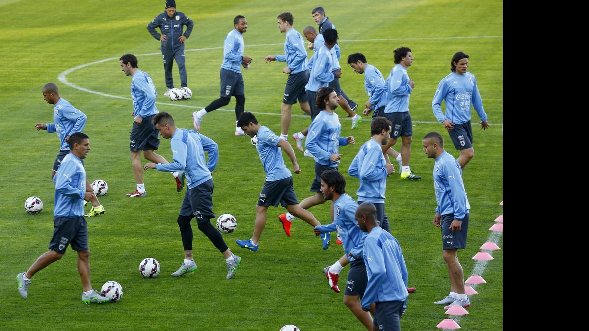 
 Los jugadores de la selección nacional de fútbol de Uruguay participan hoy, lunes 15 de junio de 2015, en un entrenamiento en la cancha del estadio La Portada de La Serena (Chile). Uruguay prepara su partido contra Argentina a disputarse el 16 de junio por el grupo B de la Copa América 2015.
