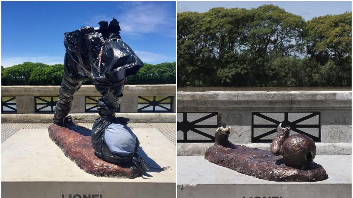 Esta combinación de imágenes creada el 4 de diciembre de 2017 muestra la escultura destrozada del futbolista argentino Lionel Messi en la "caminata de la fama" en Buenos Aires el 10 de enero de 2017 y el 4 de diciembre de 2017.