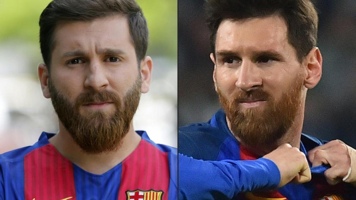 Combinacion de fotos de Reza Parastesh, posando en una calle de Teherán el 8 de mayo de 2017, y el delantero argentino Lionel Messi Messi durante el partido de ida de la UEFA Champions League el partido de ida partido Juventus vs Barcelona, el 11 de abril de 2017 en el estadio Juventus en Turín.