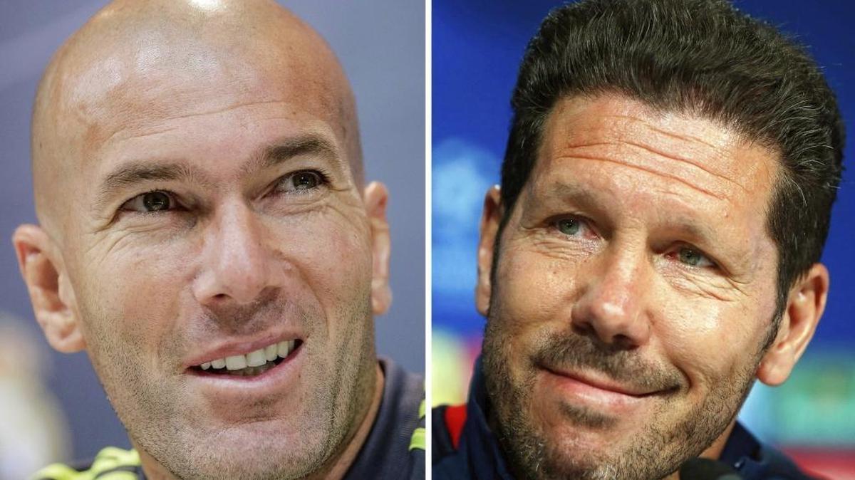 Combo con fotos de archivo del entrenador francés del Real Madrid Zinedine Zidane (izq), tomada el 13 de mayo de 2016 en Madrid, y del técnico argentino del Atlético de Madrid, Diego Pablo Simeone, tomada el 21 de mayo de 2016 en Madrid.