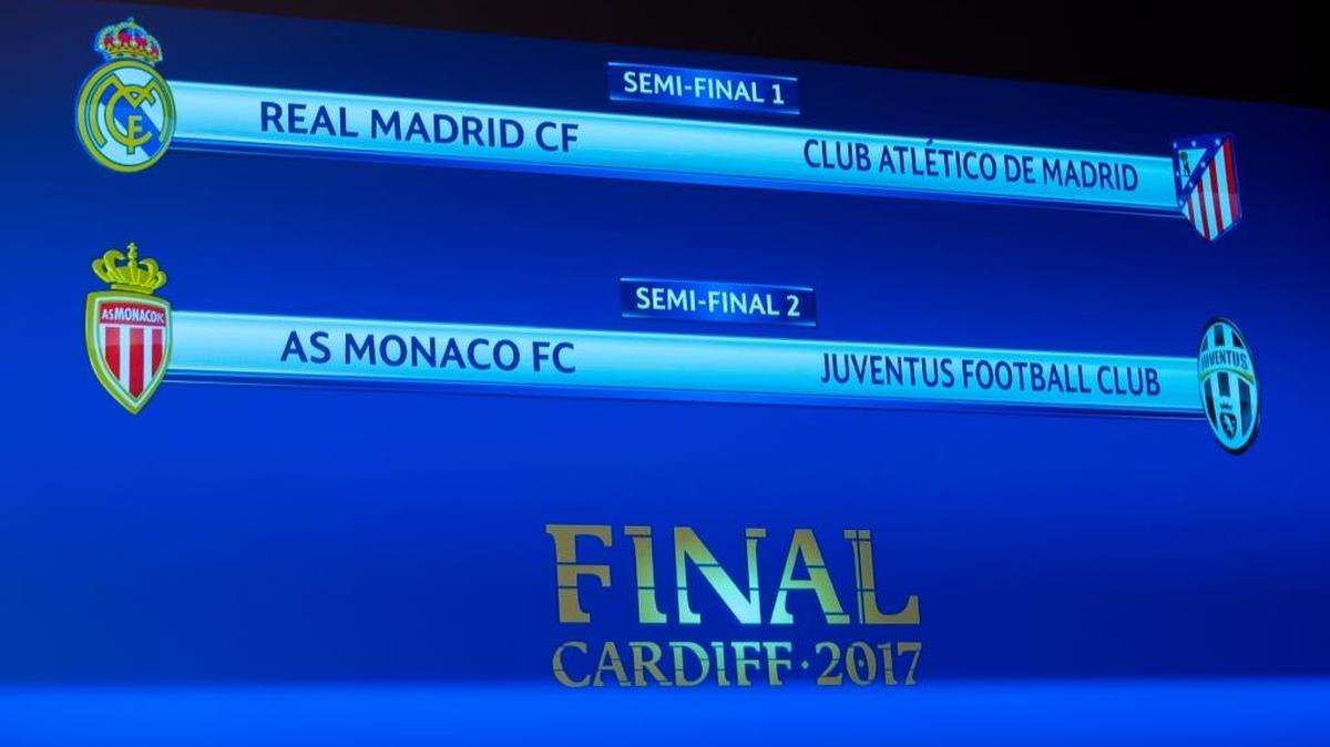 La pantalla muestra los emparejamientos de semifinales de la Liga de Campeones tras el sorteo celebrado este viernes en Nyon, Suiza.