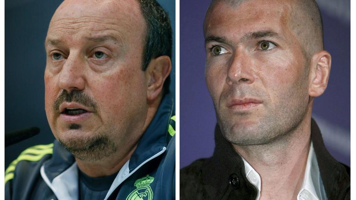 Combo de fotografías de archivo de Rafael Benítez (i), que ha sido destituido hoy como entrenador del Real Madrid, y el francés Zinedine Zidane (d), hasta ahora técnico del filial blanco, que será su sustituto en el banquillo, según anunció el lunes el presidente del club, Florentino Pérez, en una comparecencia ante los medios.
