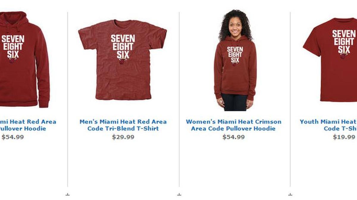Imagen de las camisetas y suéteres del Miami Heat mostrando el código “Seven Eight Six” (Siete Ocho Seis), disponibles en la tienda online de la NBA.