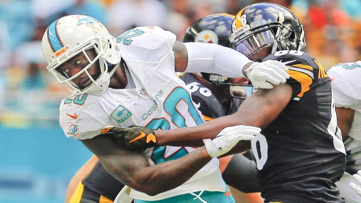 Reshad Jones (20), de los Dolphins, lucha contra Darrius Heyward-Bey, de los Steelers, en el Hard Rock Stadium el domingo 16 de octubre del 2016.
