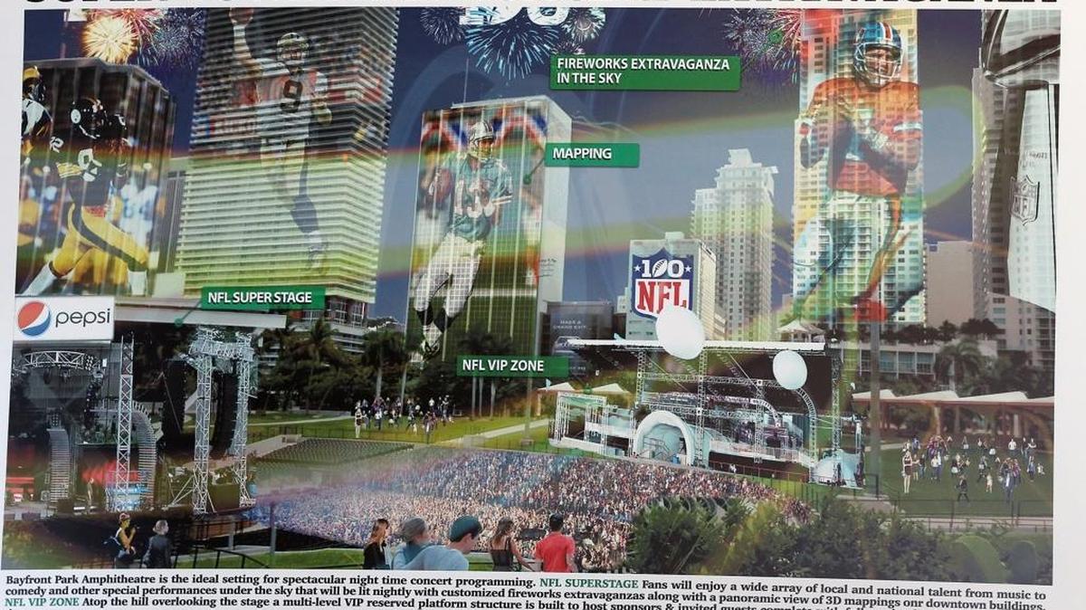 Miami propone una gran fiesta en Bayfront si gana la sede del juego máximo de la NFL. Esta es una representación gráfica de lo que será el Parque del Super Bowl.