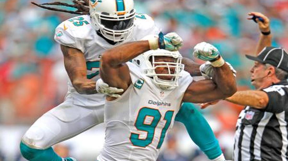 
Cameron Wake (91) y Louis Delmas celebrate una gran jugada de los Dolphins, el 7 de septiembre cuando vencieron a los Patriots.
