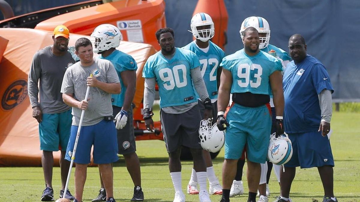 Charles Harris (90) y Ndamukong Suh (93) miran el trabajo de sus compañeros en el minicampamento de entrenamientos, el 15 de junio del 2017 en Davie, Florida.