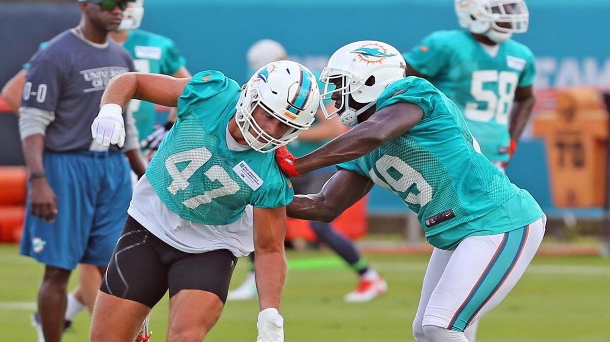 Kiko Alonso (47) trabaja con Lamin Barrow (49) en el campamento de entrenamiento de los Dolphins, en julio pasado.