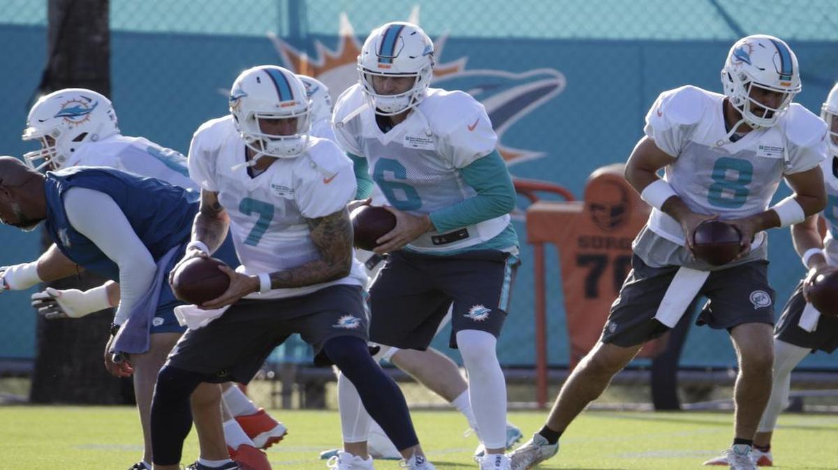 Los quarterbacks de los Dolphins Jay Cutler (6), Brandon Doughty (7), y Matt Moore (8) se preparan el martes en el campo de entrenamiento de Davie.