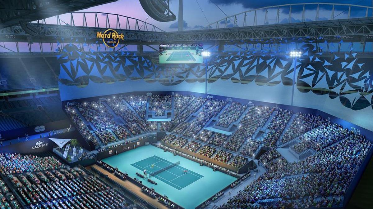 Representación de la cancha principal en el Hard Rock Stadium de Miami para un partido de tenis.