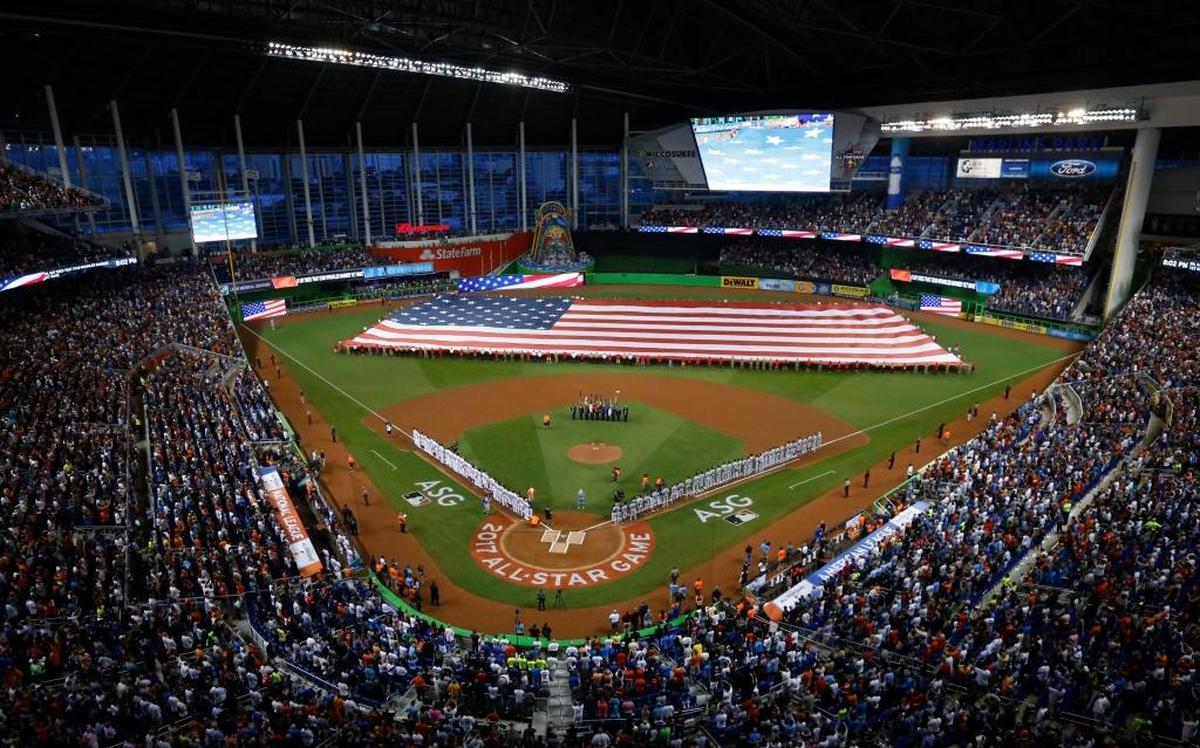 The National Anthem is played during the MLB All-Star Game on July 11, 2017, at Marlins Park, now known as loanDepot Park.