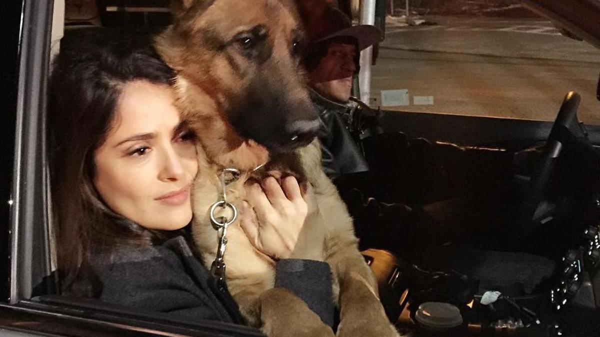 La actriz Salma Hayek con su perro Mozart.