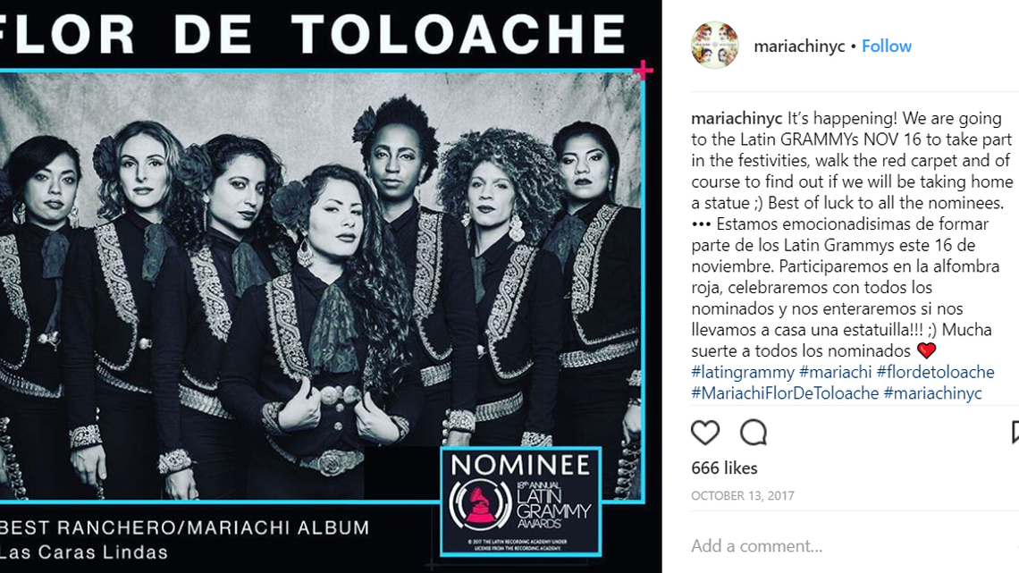 Imagen tomada de Instagram del grupo femenino de mariachis Flor de Toloache, radicado en Nueva York y reciente ganadora del Grammy Latino. 