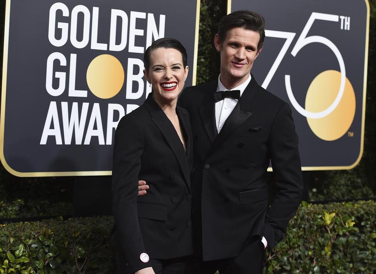 Claire Foy y Matt Smith llegan a la 75º ceremonia de los premios Globos de Oro en el Beverly Hilton Hotel el domingo 7 de enero de 2018 en Beverly Hills, California.