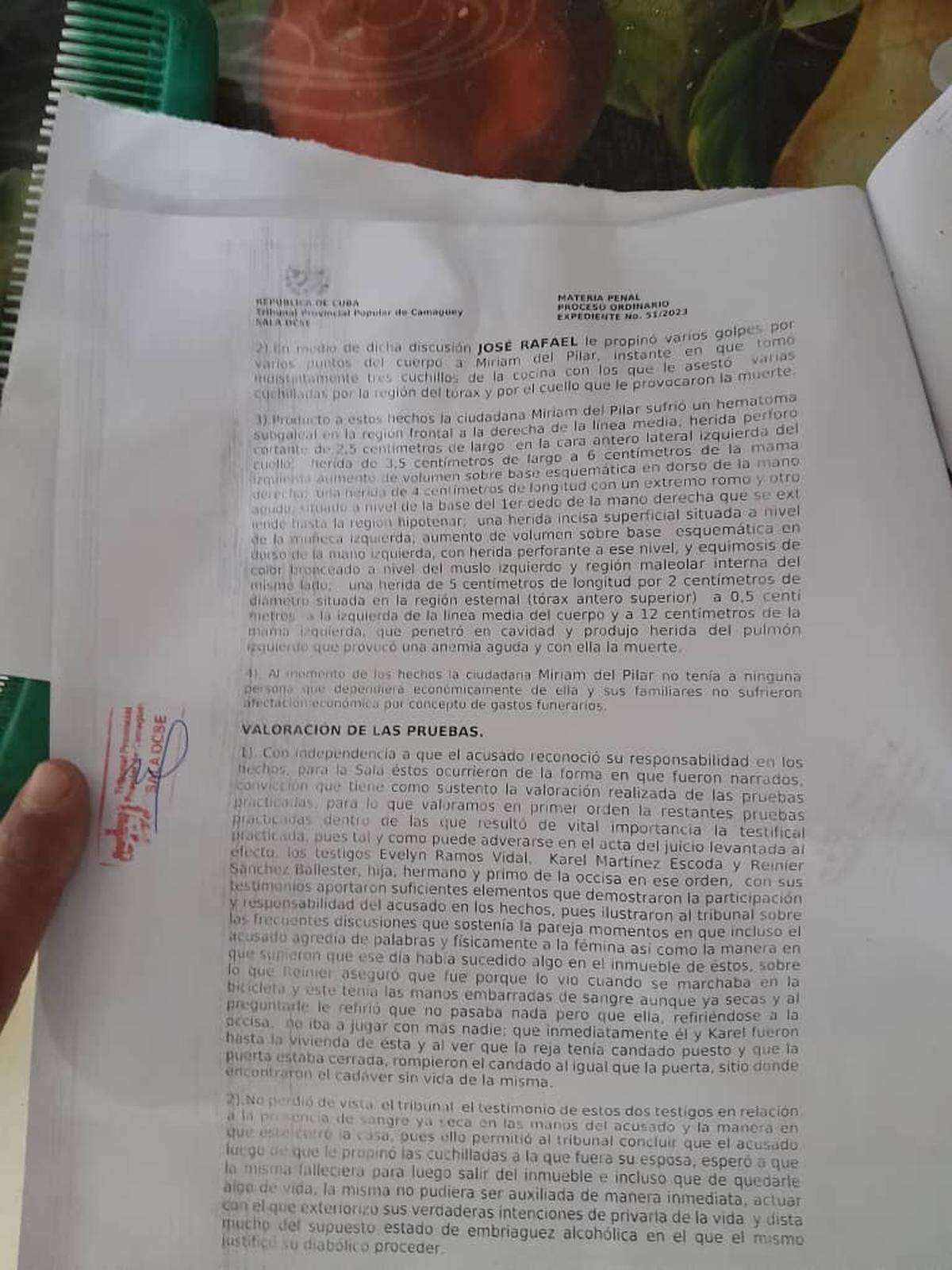 El documento de sentencia emitido por el Tribunal Provincial Popular de Camagüey describe las heridas que José Rafael Alonso infligió a su expareja Miriam del Pilar Vilar Escoda. Alonso fue sentenciado a 25 años de prisión por matarla.