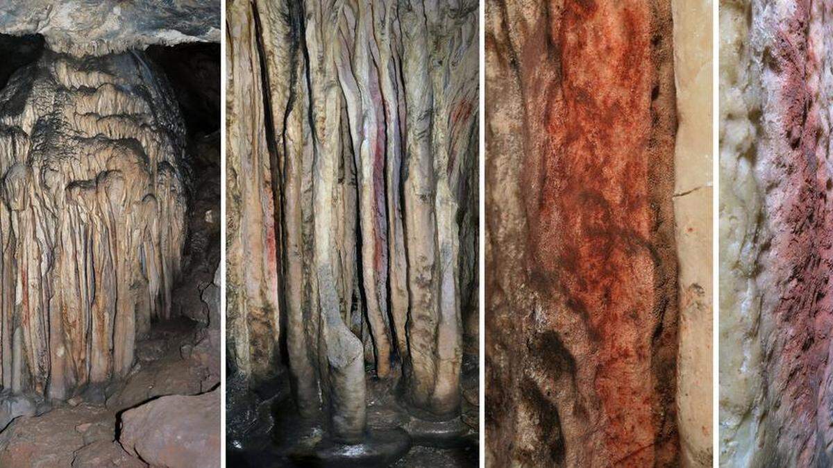 Esta combinación de imágenes muestra una torre de estalagmitas parcialmente coloreada en la cueva española de Ardales, en el sur de España, el 17 de septiembre del 2018.