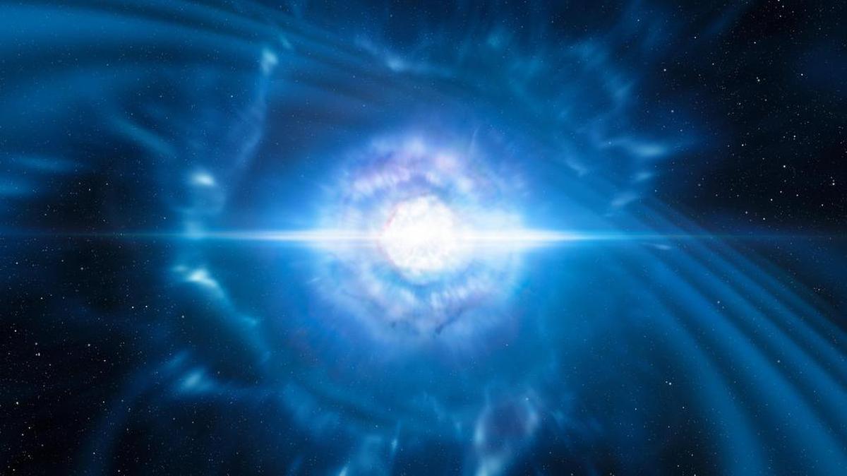 Una imagen virtual facilitada por el Observatorio Europeo Austral (ESO) muestra la explosión de kilonova, fenómeno originado por la colisión de dos estrellas de neutrones, el16 de octubre de 2017.