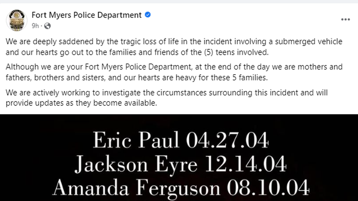 Post de Facebook de la policía de Fort Myers. / La policía de Fort Myers investiga este martes un suceso que dejó cinco jóvenes muertos tras caer a un lago el automóvil en el que viajaban, por lo que ha solicitado la colaboración ciudadana.