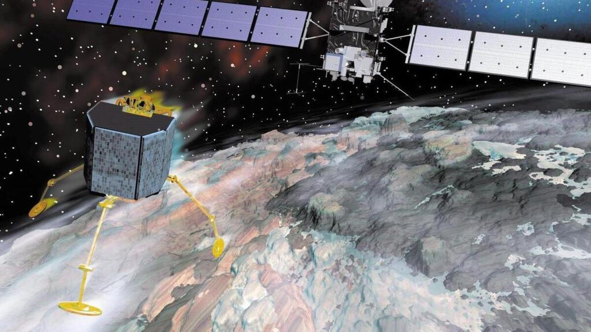 Imagen facilitada por la Agencia Espacial Europea (ESA) que muestra una animación por ordenador que muestra la sonda Rosetta durante su aproximación al cometa 67P para su aterrizaje. La Agencia Espacial Europea (ESA) presenta hoy, 29 de septiembre de 2016, los momentos científicos culminantes de la misión Rosetta, que finaliza el 30 de septiembre con un aterrizaje controlado sobre el cometa 67P.
