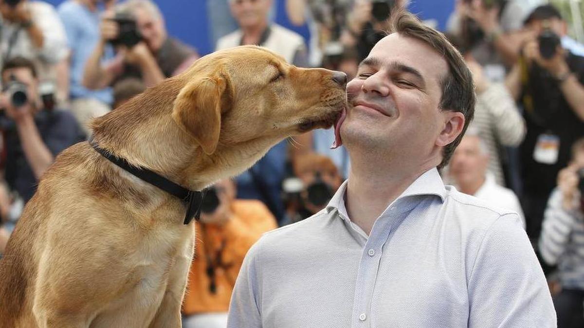 El director Kornel Mundruczo recibe un beso de un perro durante el Festival de Cine de Cannes, en el sur de Francia, el 17 de mayo de 2014.