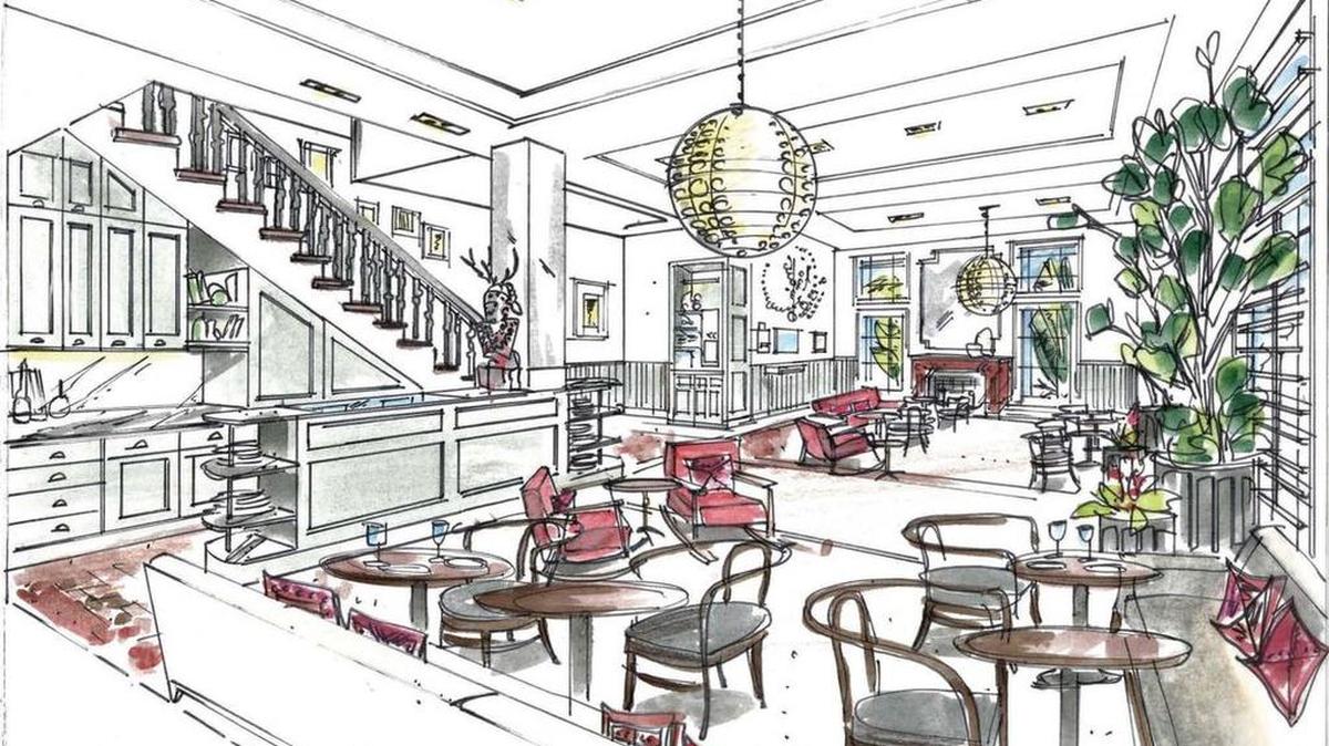 Boceto del lobby del hotel The Julia que inaugurará en el vecindario de moda South of Fifth en Miami Beach.