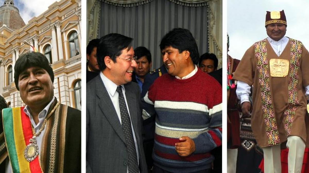 Combo de fotografías de archivo, de izquierda a derecha, el presidente de Bolivia, Evo Morales saludando a su salida del Congreso en su primera investidura (22 de enero de 2006); conversando con su ministro de Hacienda, Luis Arce, quien lo ha acompañado a lo largo de estos 10 años (1 de marzo de 2007); y asistiendo al ritual de investidura como líder indígena en las ruinas precolombinas de Tiahuanaco (21 de enero de 2015).