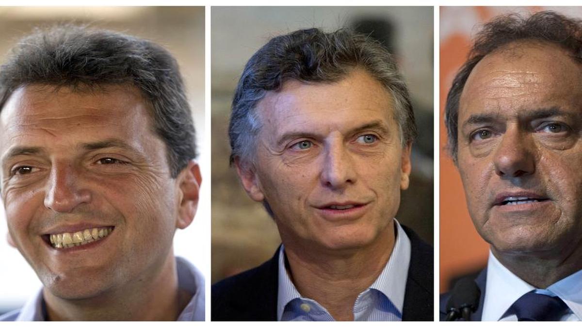 
Los principales candidatos presidenciales para las primarias de Argentina: Sergio Massa (izq.), Mauricio Macri (cen.) y Daniel Sciolo. Las primarias se realizarán este domingo.
