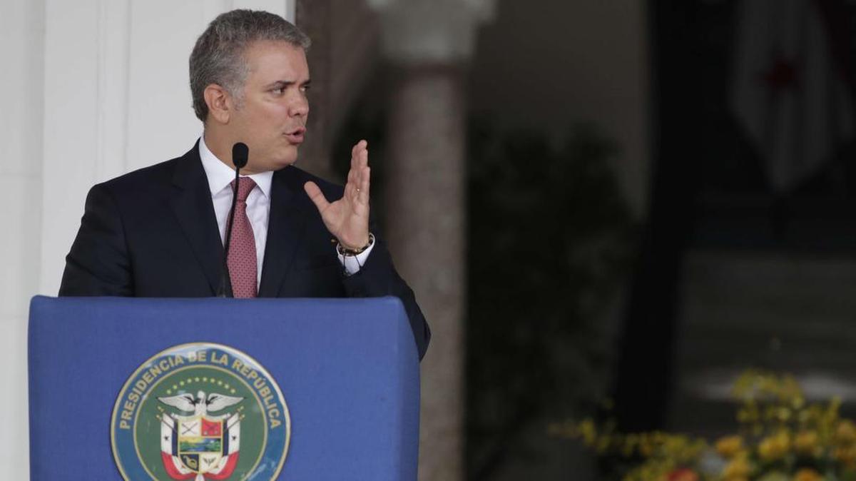 El presidente de Colombia, Iván Duque, habla tras una reunión bilateral con el presidente de Panamá, Juan Carlos Varela (fuera de cuadro), el lunes 10 de septiembre de 2018, en el Palacio Presidencial en Ciudad de Panamá (Panamá).