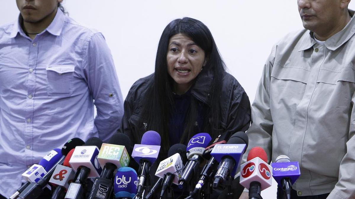 Los guerrilleros indultados Sandra Patricia Isaza (c) y Carlos Antonio Ochoa (d) hablan en una rueda de prensa hoy, jueves 21 de enero de 2016, en Bogotá (Colombia), luego de ser indultados por el presidente Juan Manuel Santos. El grupo de 30 guerrilleros de las FARC indultados el pasado 22 de noviembre afirmó hoy que tras recobrar la libertad aspiran a convertirse en "promotores de paz". "Decidimos convertirnos en promotores de paz, trabajaremos en una primera etapa por socializar los acuerdos de La Habana", dijeron en un comunicado que fue leído en Bogotá por dos de ellos, Carlos Antonio Ochoa y Sandra Patricia Isaza, en referencia a los pactos alcanzados por el Gobierno y las FARC en las negociaciones que mantienen desde hace más de tres años en Cuba.