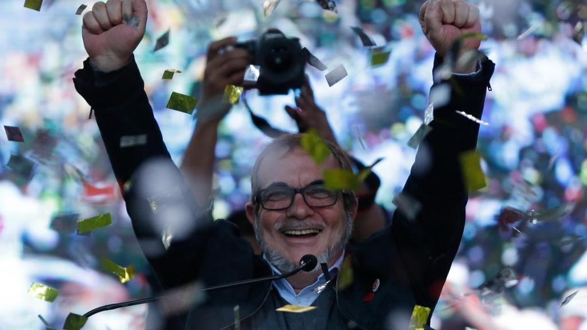 Rodrigo Londoño, ‘Timochenko’, durante su primer discurso como candidato presidencial el 27 de enero del 2018 en Bogotá, Colombia.