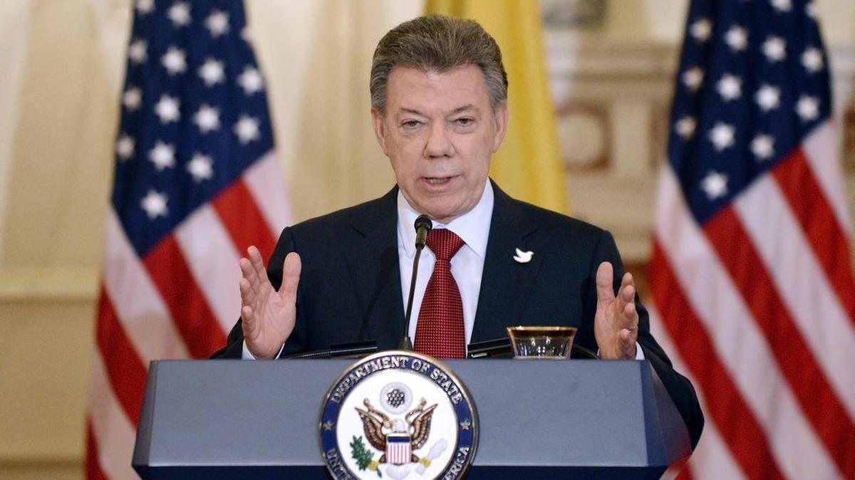 El presidente colombiano Juan Manuel Santos da un discurso durante su visita al Departamento de Estado en Washington, el 5 de febrero.