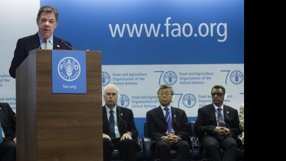 
Fotografía facilitada por la FAO que muestra al presidente de Colombia, Juan Manuel Santos, que asistió a una conferencia de dicho organismo, el sábado en Roma. 
