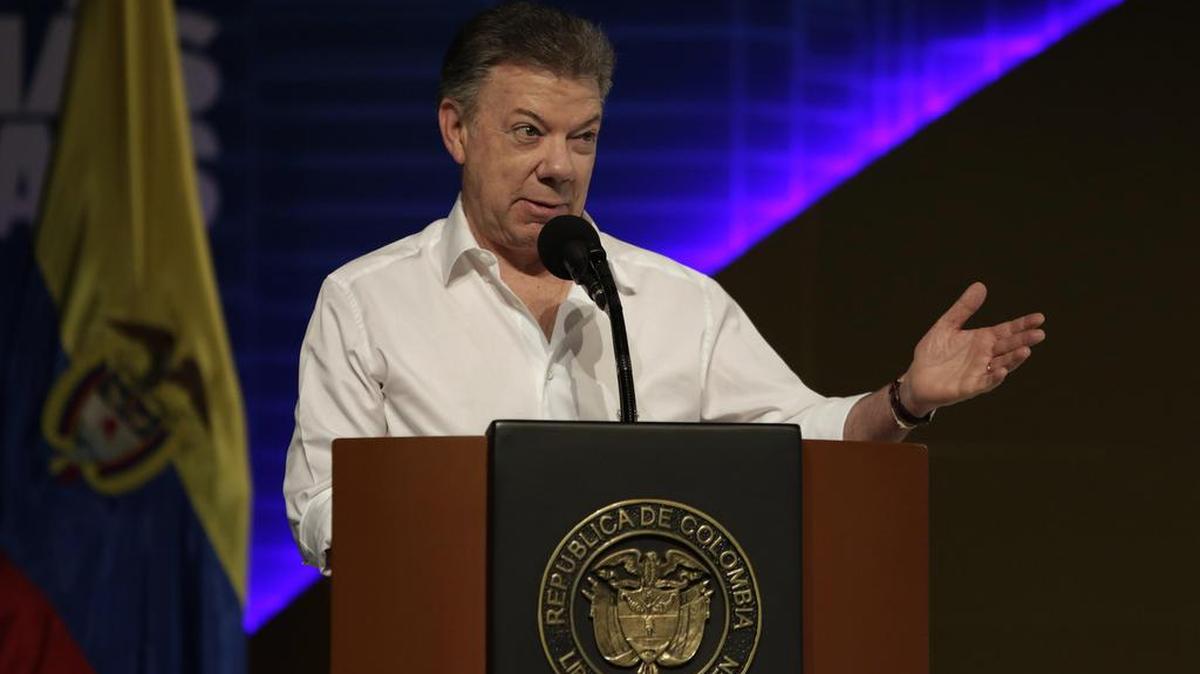 El presidente de Colombia, Juan Manuel Santos, habla el jueves 4 de mayo de 2017, durante la segunda jornada del III Congreso Mundial de Zonas Francas en Cartagena (Colombia).