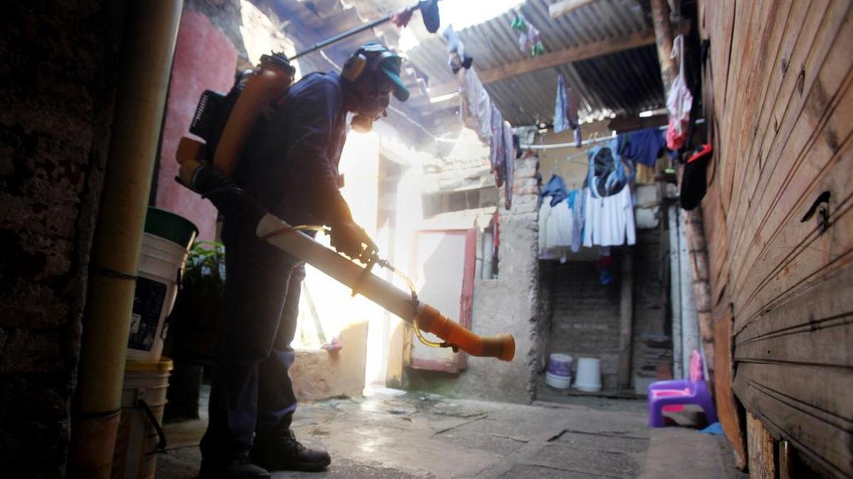 Miembros de la Secretaría de Salud de Cali fumigan el 28 de enero de 2016, algunas viviendas de barrios de la ciudad considerados de fuerte afectación y propios para la reproducción del mosquito que trasmite el virus del zika en Colombia.